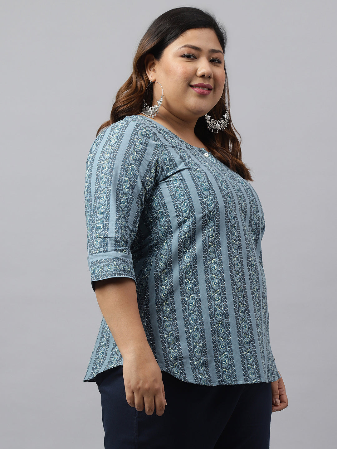 Janasya Women's Grey Cotton Floral Print Casual Regular Top | Grocsy