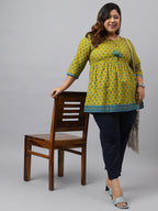 Janasya Women's Green Cotton Floral Printed Casual Gathered Tunic | Grocsy