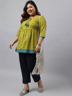 Janasya Women's Green Cotton Floral Printed Casual Gathered Tunic | Grocsy