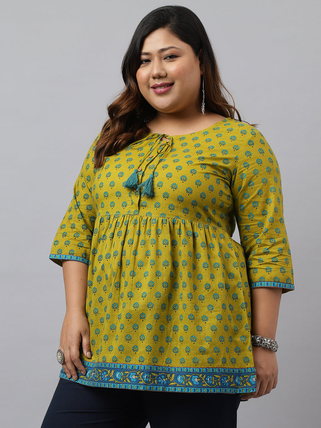 Janasya Women's Green Cotton Floral Printed Casual Gathered Tunic | Grocsy
