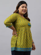 Janasya Women's Green Cotton Floral Printed Casual Gathered Tunic | Grocsy