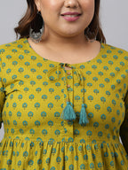Janasya Women's Green Cotton Floral Printed Casual Gathered Tunic | Grocsy
