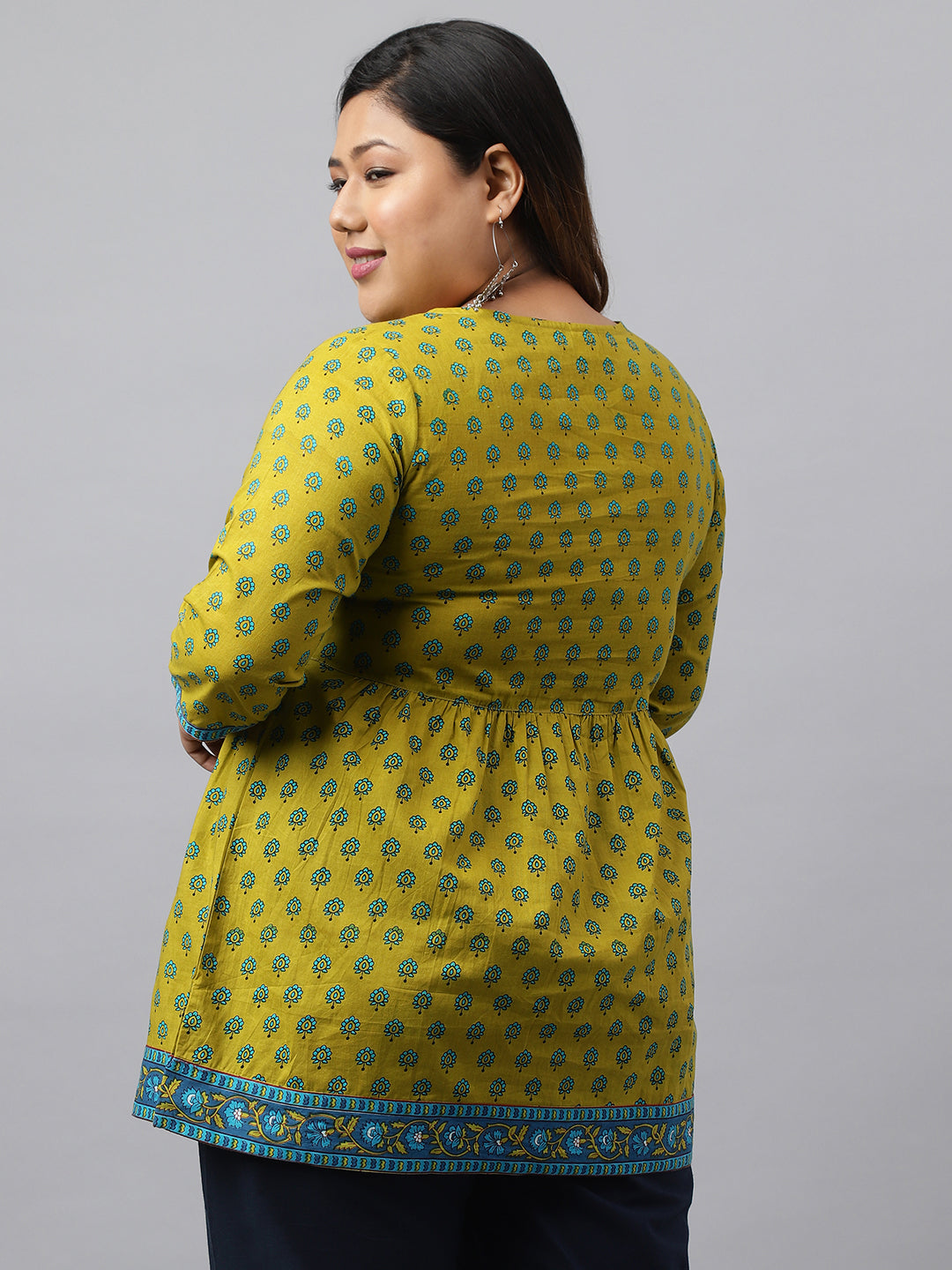 Janasya Women's Green Cotton Floral Printed Casual Gathered Tunic | Grocsy