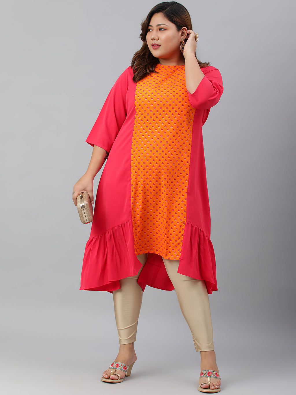 Janasya Women's Orange Poly Crepe Floral Print Casual A-line kurta | Grocsy