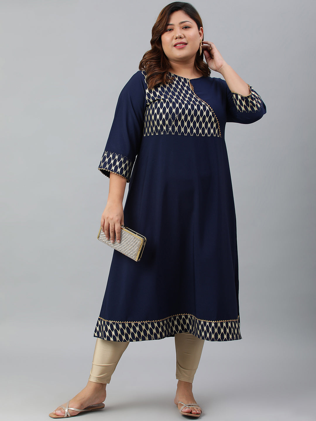 Janasya Women's Navy Blue Poly Crepe Ethnic Motifs Festive & Party A-line kurta | Grocsy