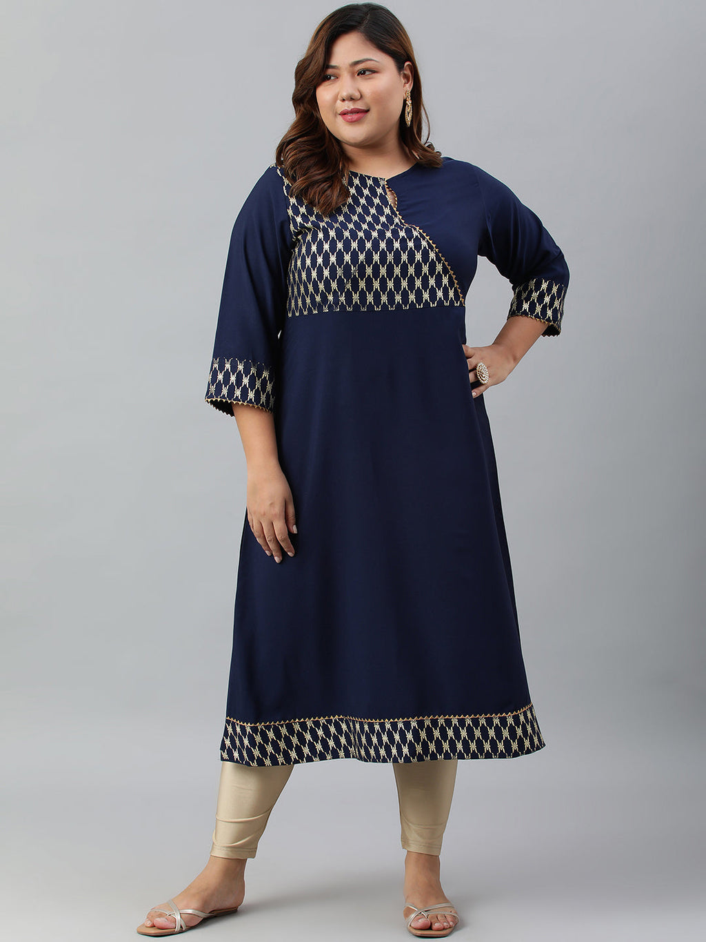 Janasya Women's Navy Blue Poly Crepe Ethnic Motifs Festive & Party A-line kurta | Grocsy