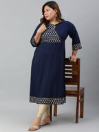 Janasya Women's Navy Blue Poly Crepe Ethnic Motifs Festive & Party A-line kurta | Grocsy