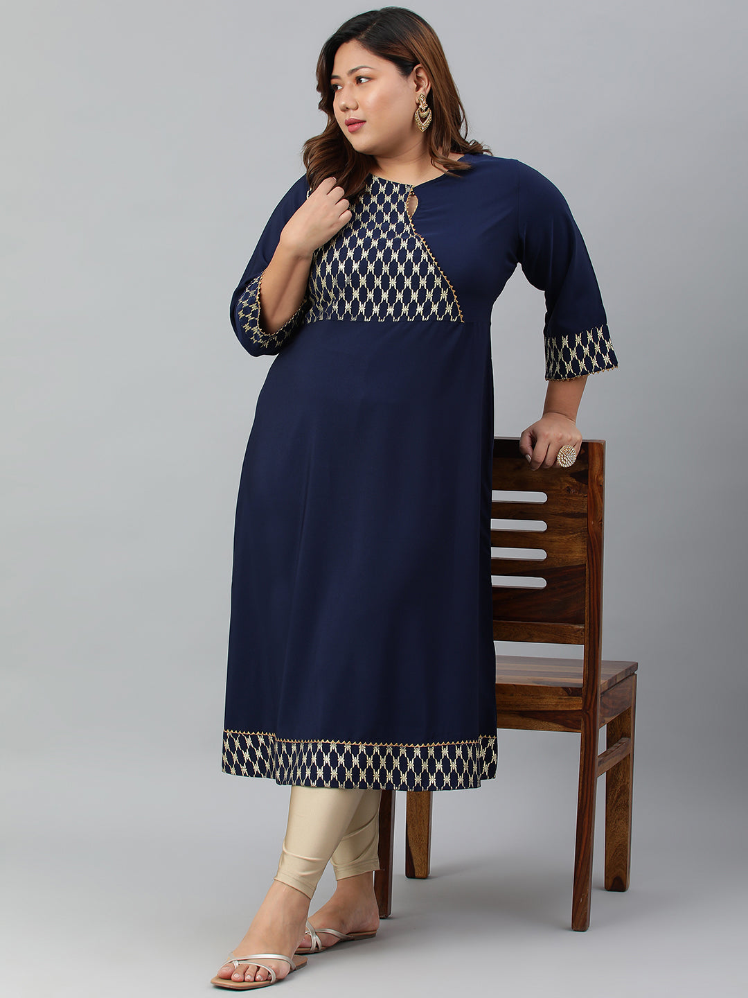 Janasya Women's Navy Blue Poly Crepe Ethnic Motifs Festive & Party A-line kurta | Grocsy