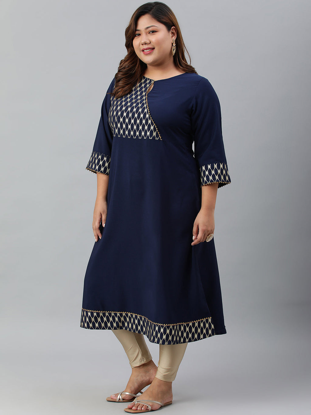 Janasya Women's Navy Blue Poly Crepe Ethnic Motifs Festive & Party A-line kurta | Grocsy