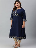 Janasya Women's Navy Blue Poly Crepe Ethnic Motifs Festive & Party A-line kurta | Grocsy