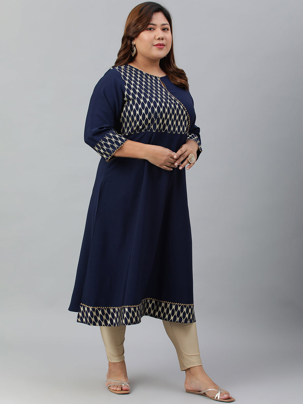Janasya Women's Navy Blue Poly Crepe Ethnic Motifs Festive & Party A-line kurta | Grocsy