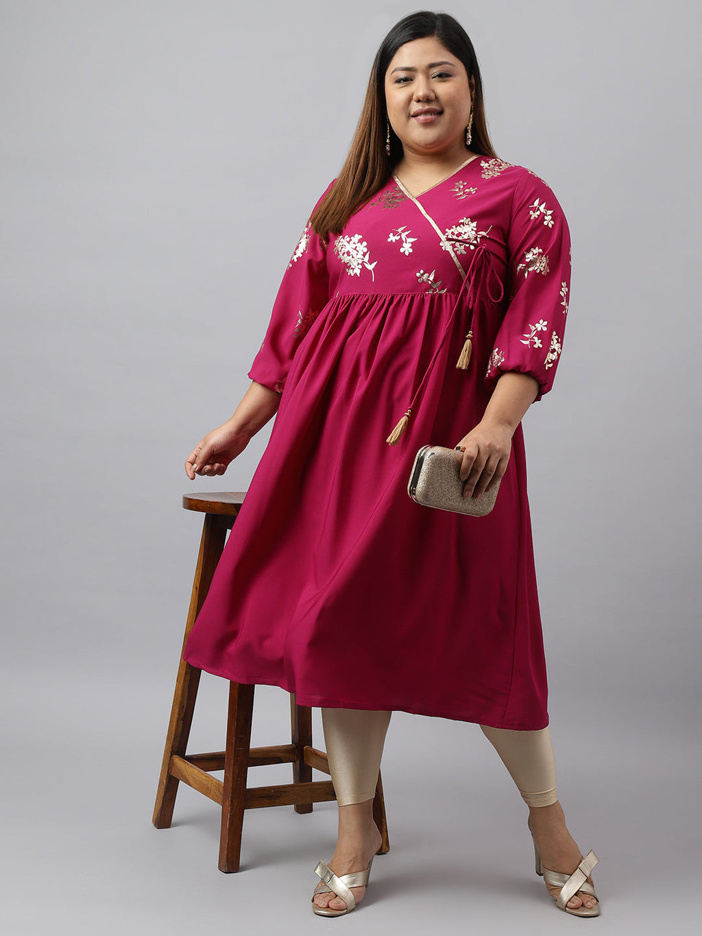Janasya Magenta Poly Crepe Foil Floral Print kurta | Grocsy