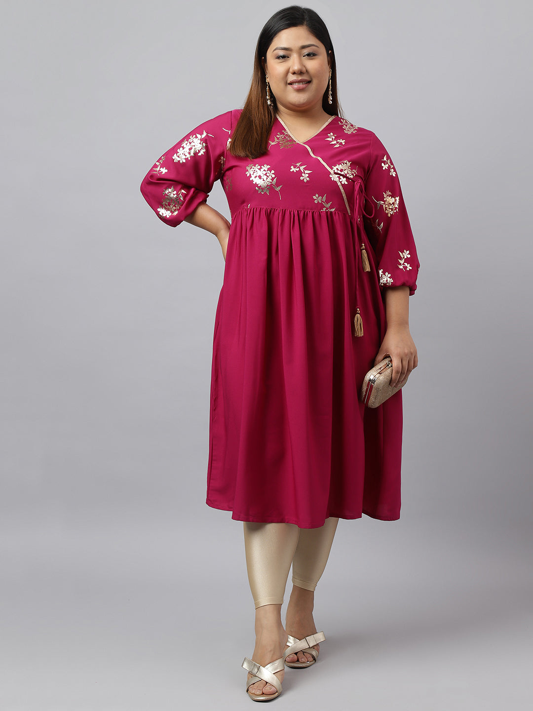 Janasya Magenta Poly Crepe Foil Floral Print kurta | Grocsy
