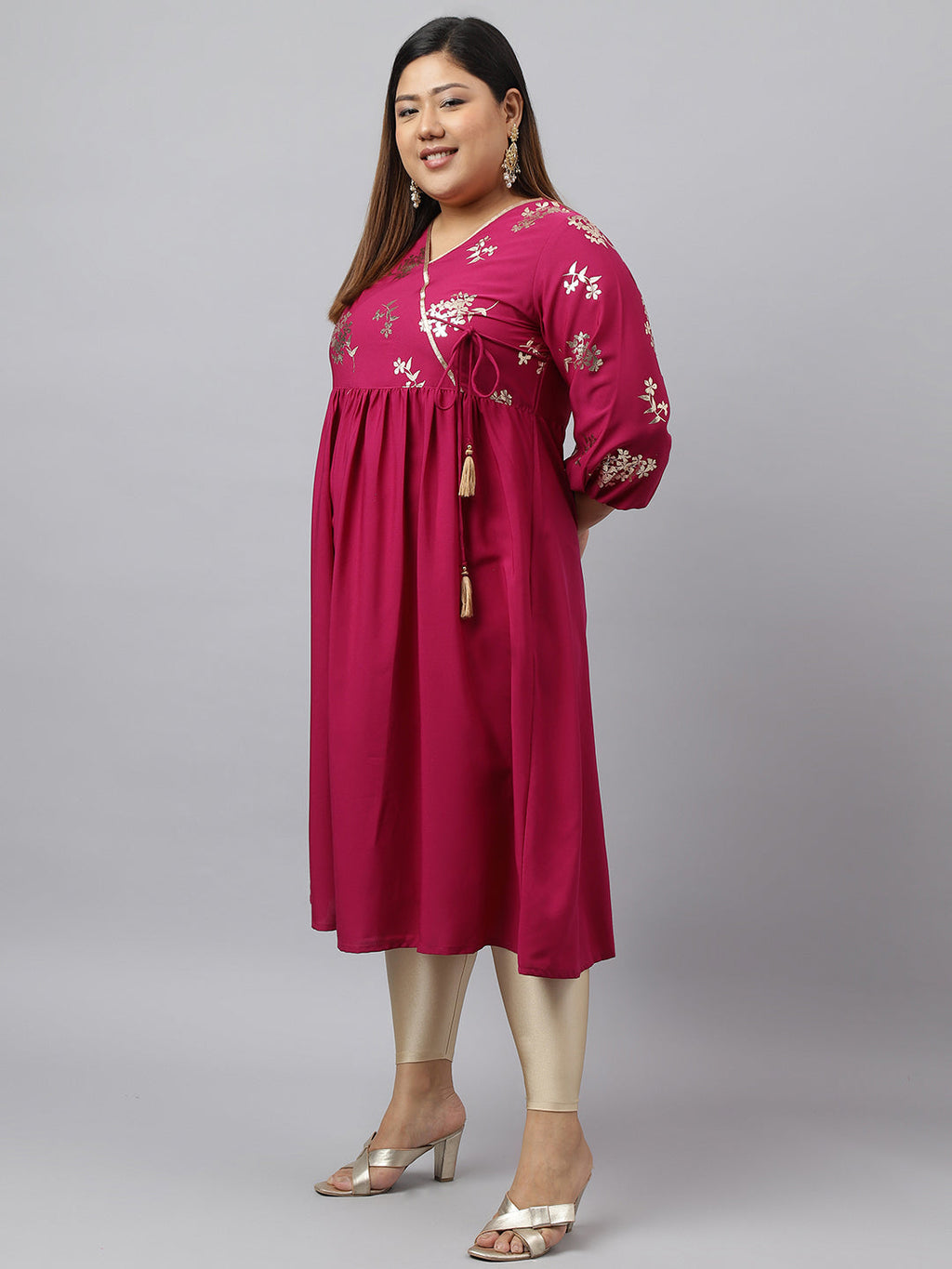 Janasya Magenta Poly Crepe Foil Floral Print kurta | Grocsy