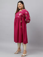 Janasya Magenta Poly Crepe Foil Floral Print kurta | Grocsy