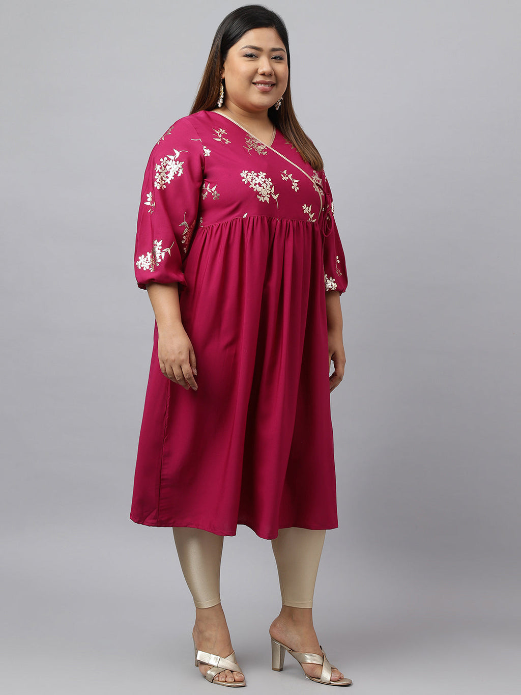 Janasya Magenta Poly Crepe Foil Floral Print kurta | Grocsy