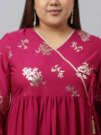 Janasya Magenta Poly Crepe Foil Floral Print kurta | Grocsy