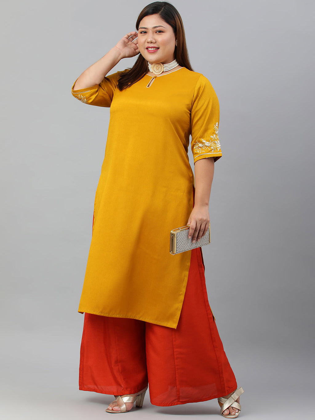 Janasya Women's Mustard Poly Silk Embroidered Festive & Party Straight kurta | Grocsy