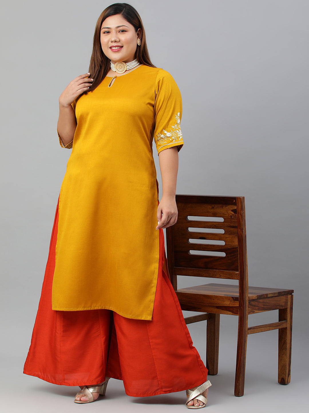 Janasya Women's Mustard Poly Silk Embroidered Festive & Party Straight kurta | Grocsy