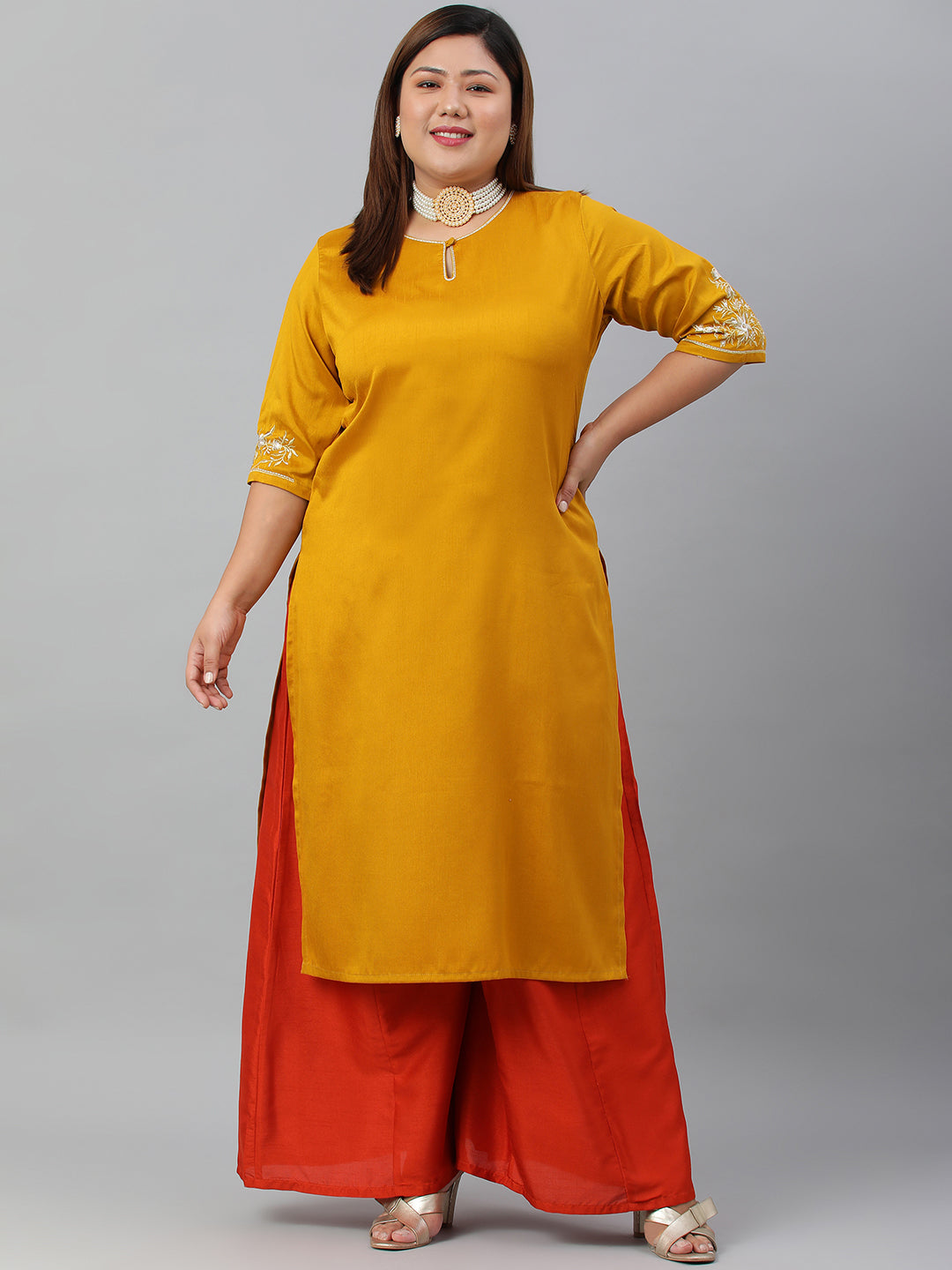 Janasya Women's Mustard Poly Silk Embroidered Festive & Party Straight kurta | Grocsy