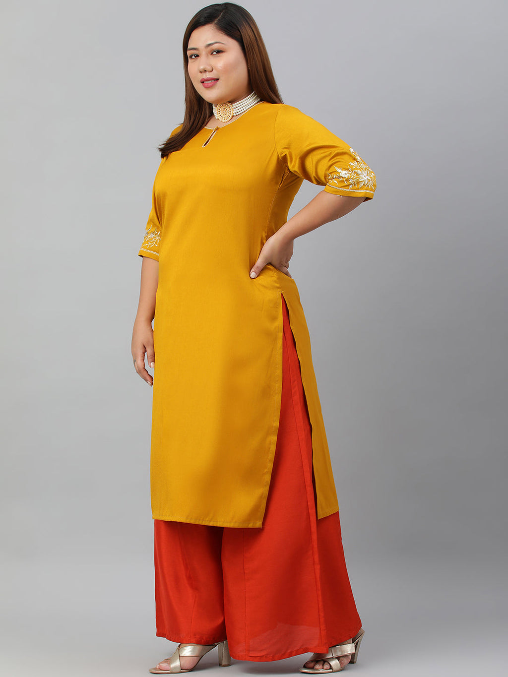 Janasya Women's Mustard Poly Silk Embroidered Festive & Party Straight kurta | Grocsy