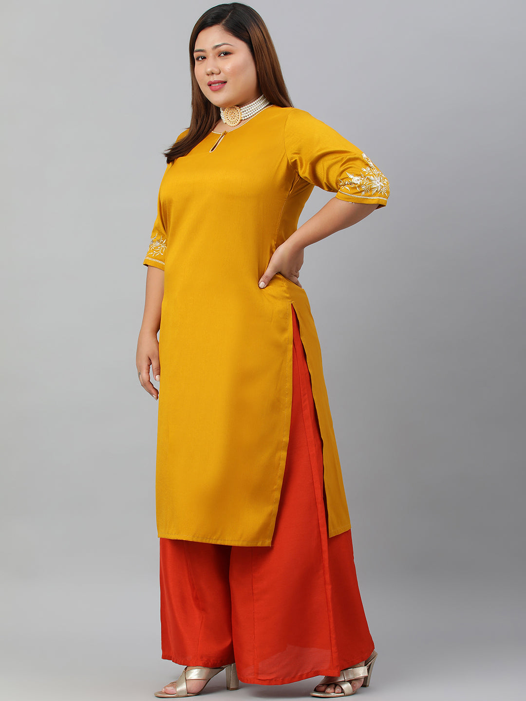 Janasya Women's Mustard Poly Silk Embroidered Festive & Party Straight kurta | Grocsy