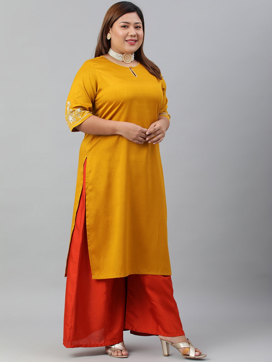 Janasya Women's Mustard Poly Silk Embroidered Festive & Party Straight kurta | Grocsy