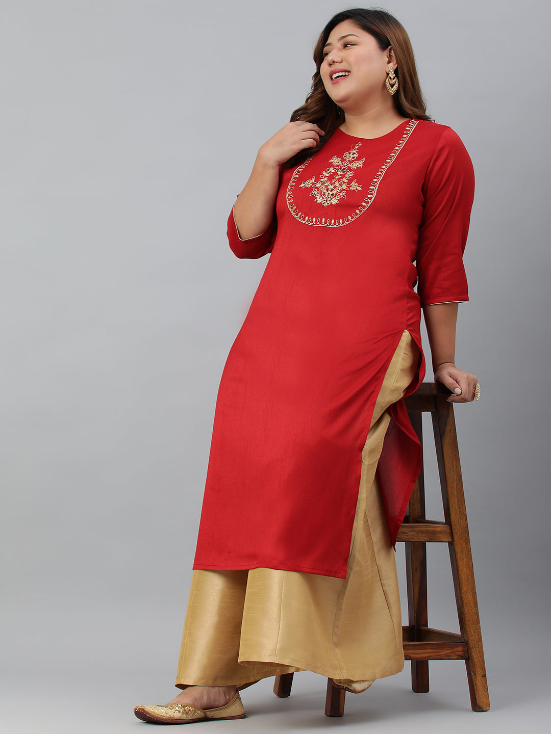 Janasya Women's Red Poly Silk Embroidered Festive & Party Straight kurta | Grocsy