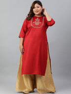 Janasya Women's Red Poly Silk Embroidered Festive & Party Straight kurta | Grocsy