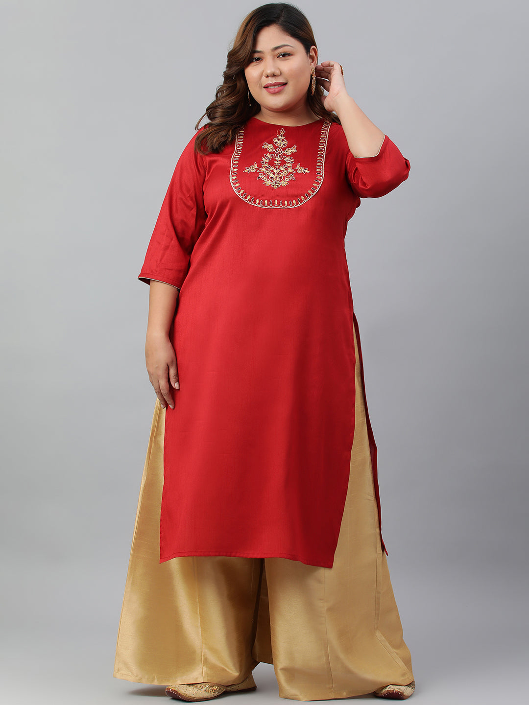 Janasya Women's Red Poly Silk Embroidered Festive & Party Straight kurta | Grocsy