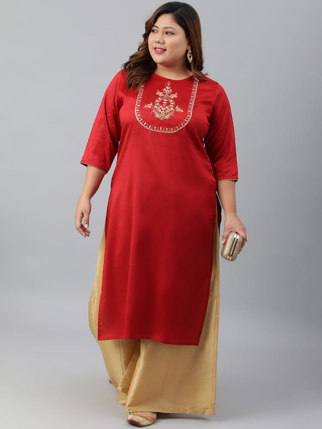Janasya Women's Red Poly Silk Embroidered Festive & Party Straight kurta | Grocsy