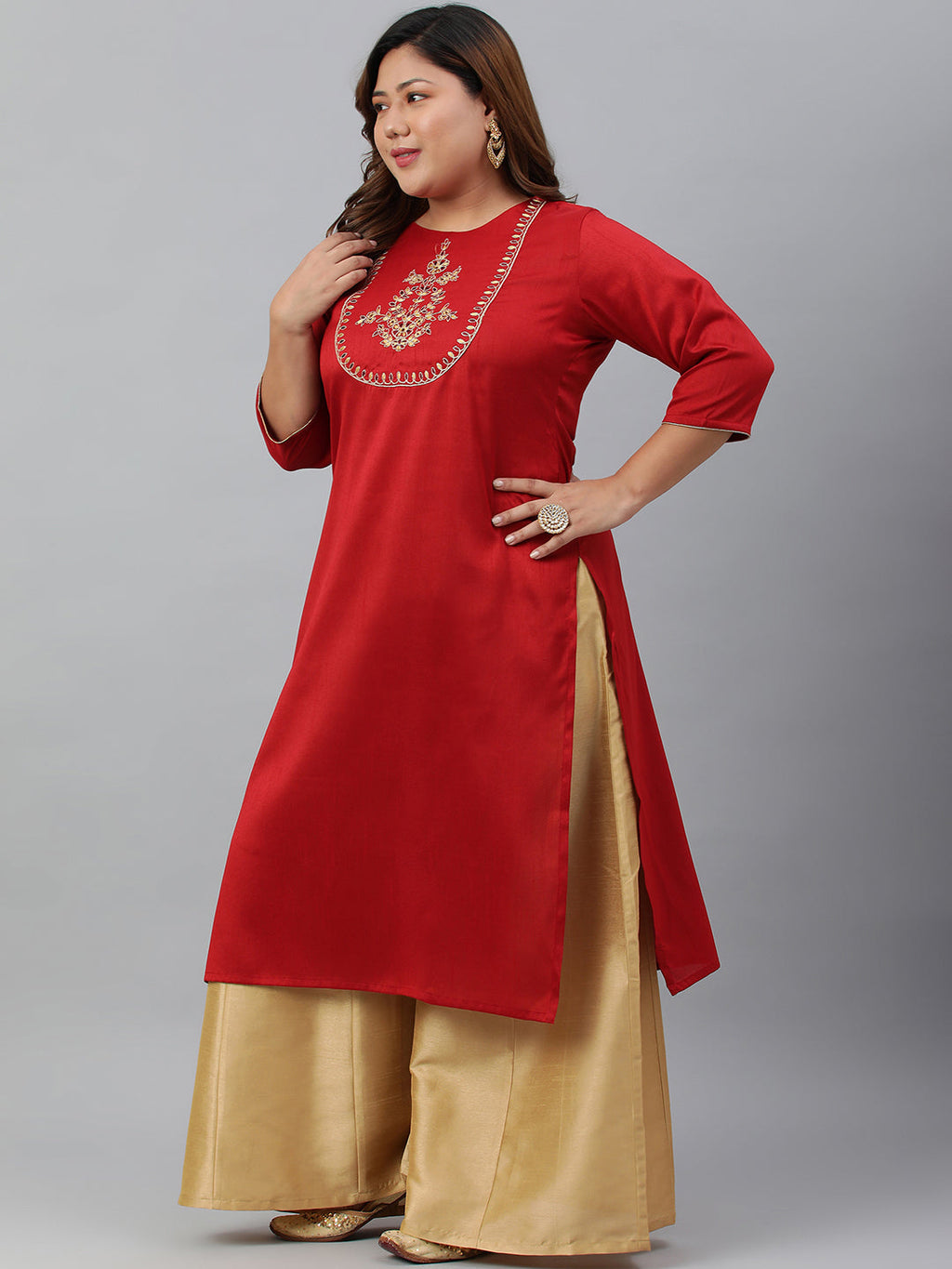 Janasya Women's Red Poly Silk Embroidered Festive & Party Straight kurta | Grocsy