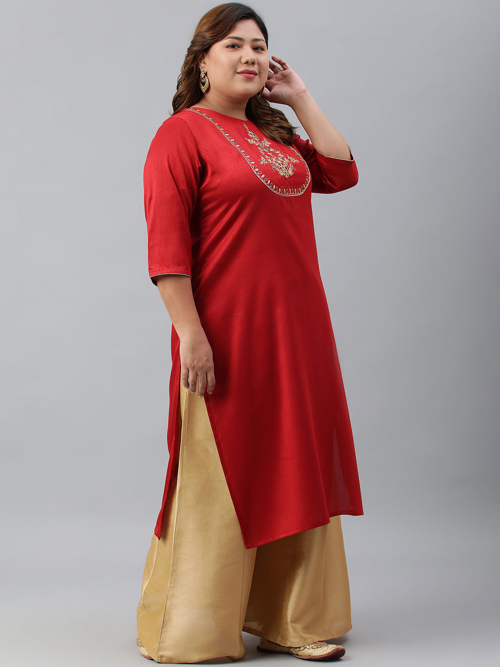 Janasya Women's Red Poly Silk Embroidered Festive & Party Straight kurta | Grocsy