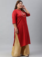Janasya Women's Red Poly Silk Embroidered Festive & Party Straight kurta | Grocsy