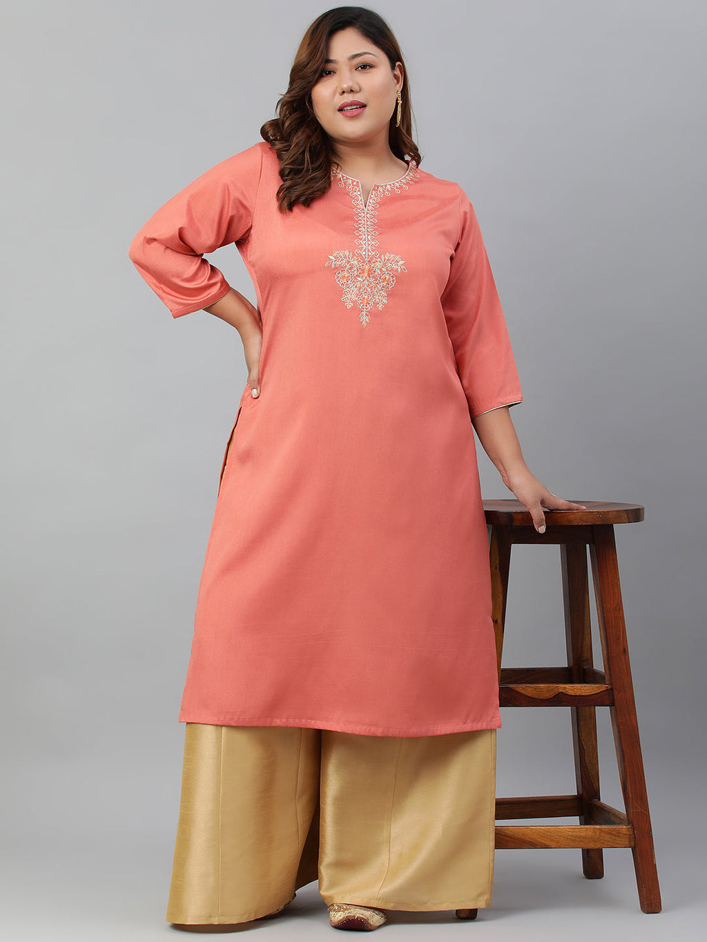 Janasya Women's Coral Poly Silk Embroidered Festive & Party Straight kurta | Grocsy