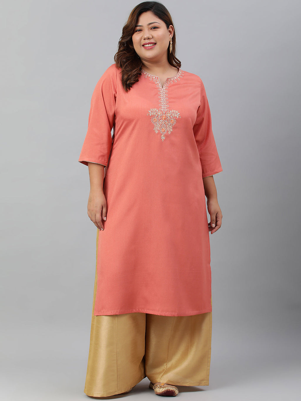 Janasya Women's Coral Poly Silk Embroidered Festive & Party Straight kurta | Grocsy