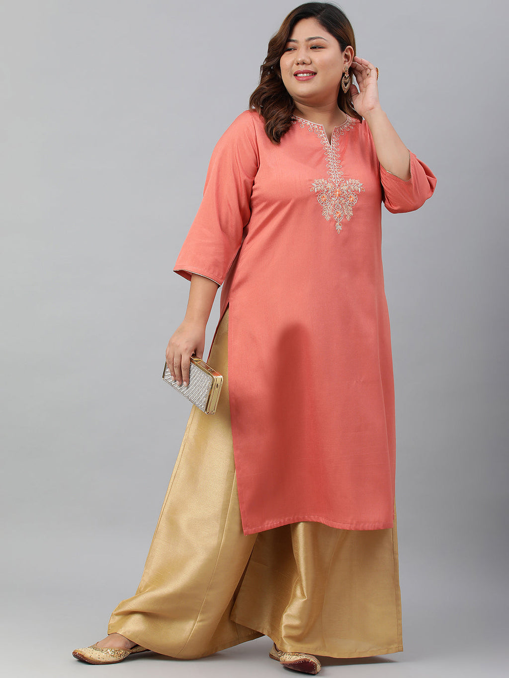Janasya Women's Coral Poly Silk Embroidered Festive & Party Straight kurta | Grocsy