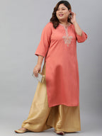 Janasya Women's Coral Poly Silk Embroidered Festive & Party Straight kurta | Grocsy