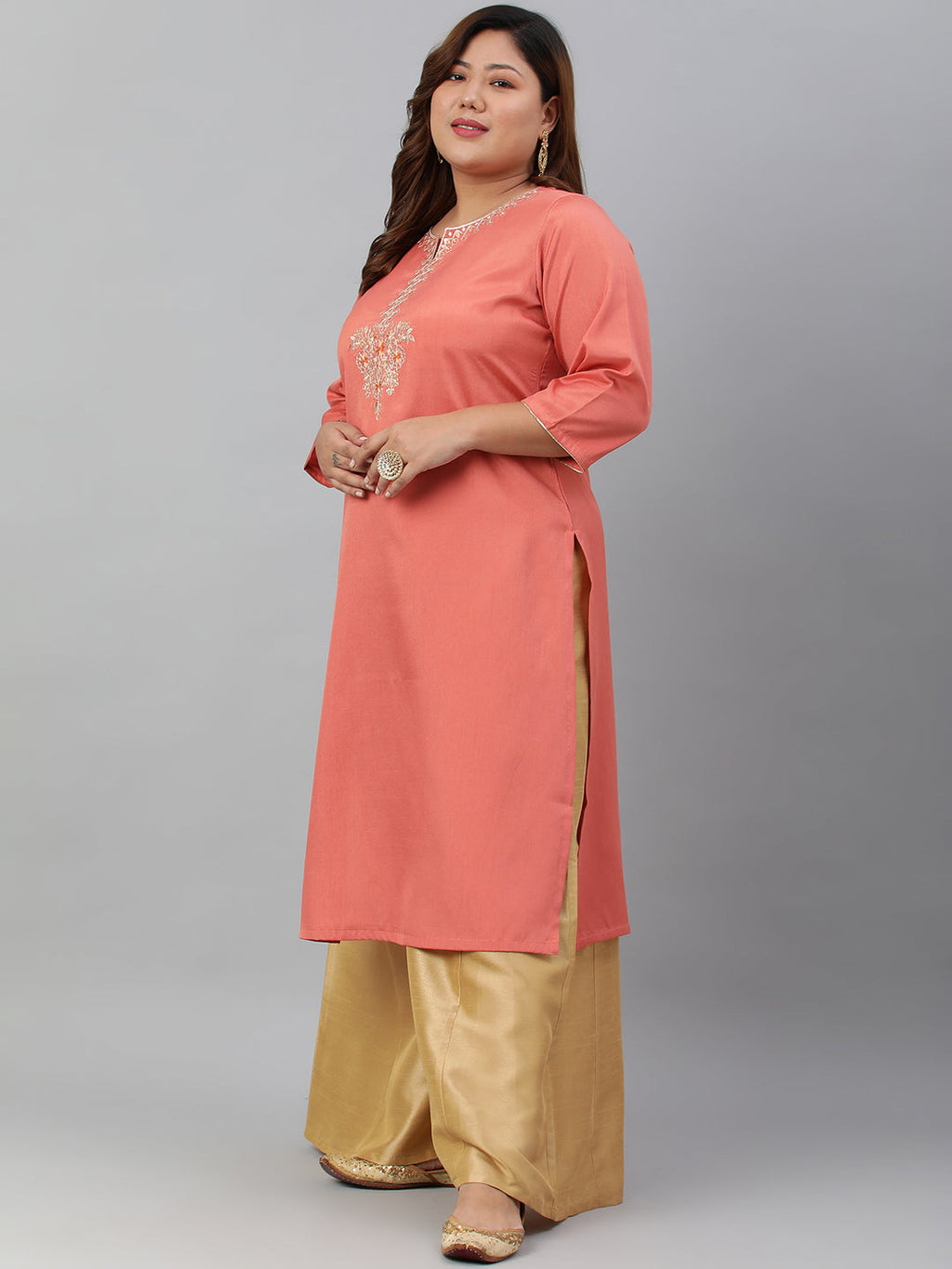 Janasya Women's Coral Poly Silk Embroidered Festive & Party Straight kurta | Grocsy