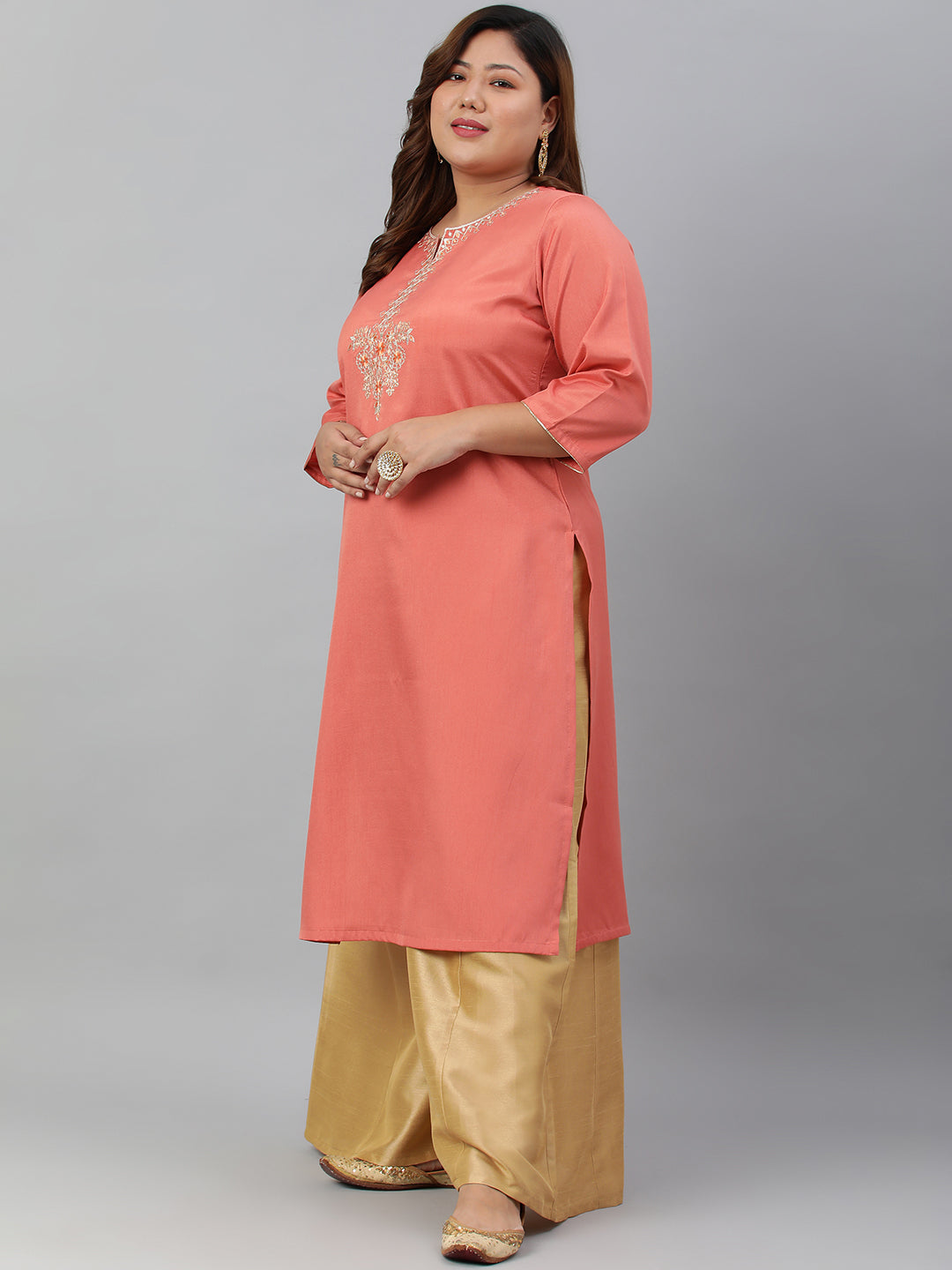 Janasya Women's Coral Poly Silk Embroidered Festive & Party Straight kurta | Grocsy
