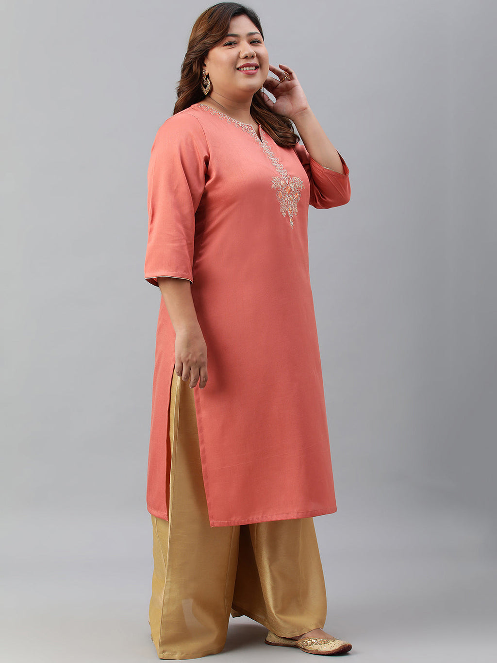Janasya Women's Coral Poly Silk Embroidered Festive & Party Straight kurta | Grocsy