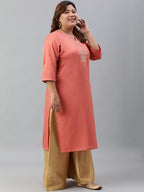 Janasya Women's Coral Poly Silk Embroidered Festive & Party Straight kurta | Grocsy