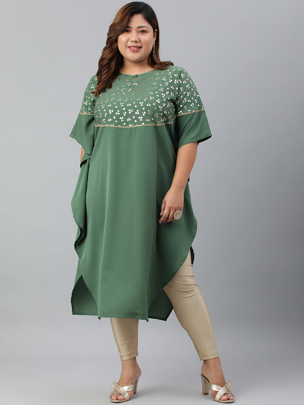 Janasya Women's Green Poly Crepe Foil Print Casual Kaftan kurta | Grocsy