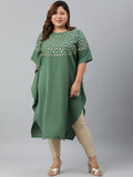 Janasya Women's Green Poly Crepe Foil Print Casual Kaftan kurta | Grocsy