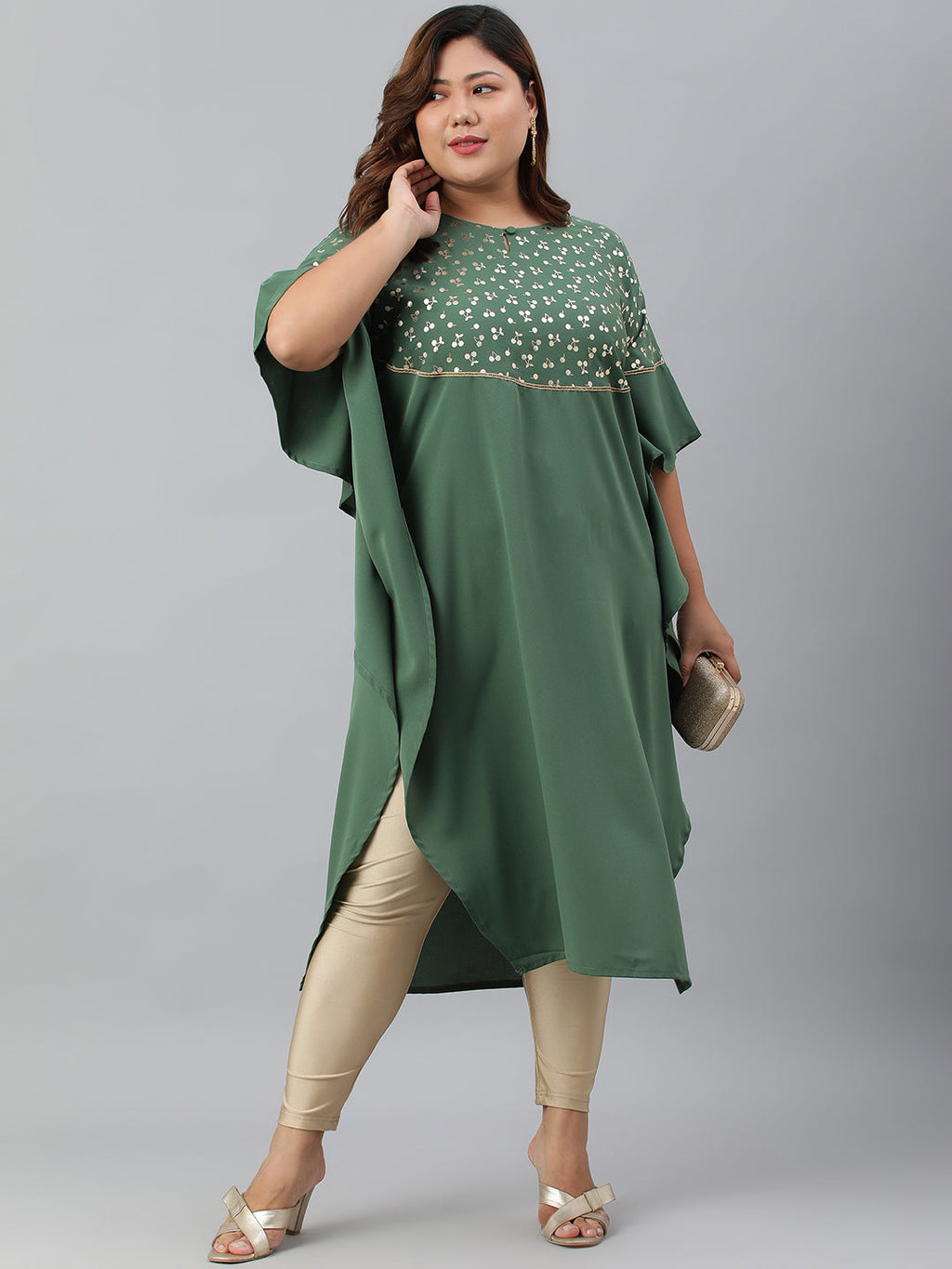 Janasya Women's Green Poly Crepe Foil Print Casual Kaftan kurta | Grocsy