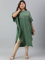 Janasya Women's Green Poly Crepe Foil Print Casual Kaftan kurta | Grocsy