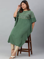Janasya Women's Green Poly Crepe Foil Print Casual Kaftan kurta | Grocsy