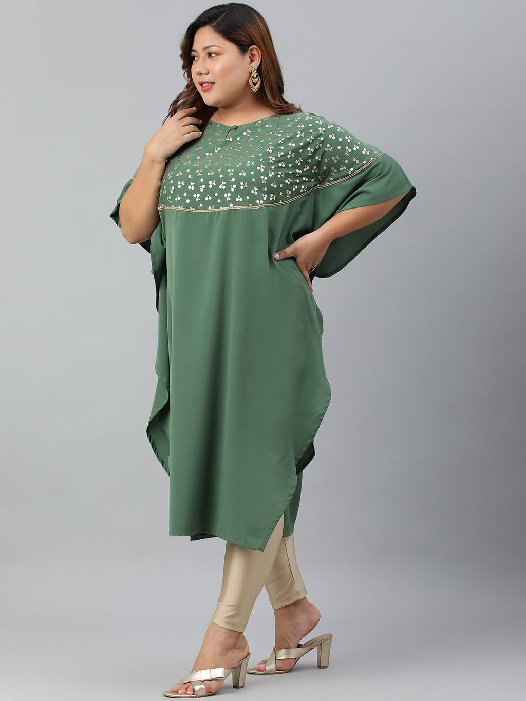 Janasya Women's Green Poly Crepe Foil Print Casual Kaftan kurta | Grocsy