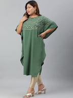 Janasya Women's Green Poly Crepe Foil Print Casual Kaftan kurta | Grocsy