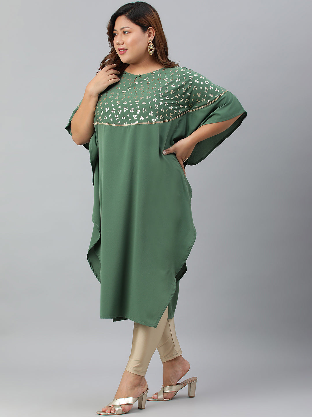 Janasya Women's Green Poly Crepe Foil Print Casual Kaftan kurta | Grocsy